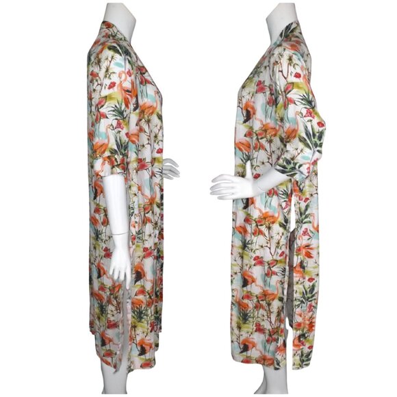 LAZY POET Linen Kimono/Swim Cover up, LONG slit, Flamingo/Multicolor Print - Picture 7 of 13